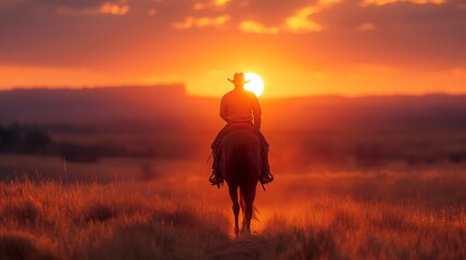 Obraz na płótnie Canvas Cowboy Riding Horse in Field at Sunset