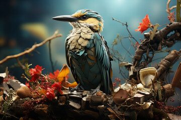 Enigmatic Bird Amidst a Surreal Trove of Natures Bounty Banner