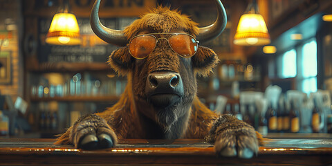 Sunglasses-Clad Highland Cow Sits at Rustic Bar Banner - obrazy, fototapety, plakaty