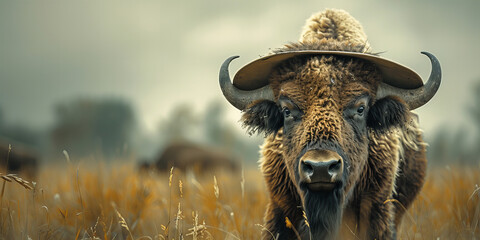 Majestic Bison Standing Amongst Amber Fields - A Nature-Inspired Banner Display