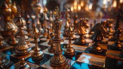 An enchanting view of a chessboard featuring wonderfully unique pawn and king pieces - obrazy, fototapety, plakaty