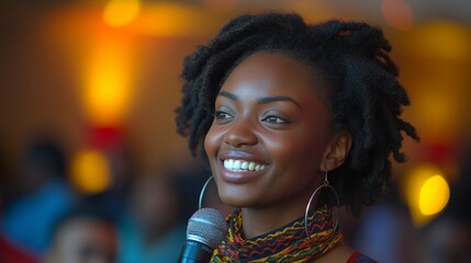 Smiling Woman With Dreadlocks Holding Microphone