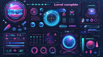A space-themed game UI kit, complete with all the necessary elements for a "Level complete" scenario, designed to enhance the gaming experience