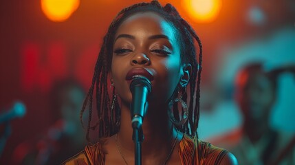 Woman With Dreadlocks Singing Into Microphone
