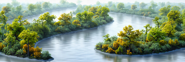Mornings Hush: A Tranquil River Reflects the Awakening Day, Embraced by a Canopy of Mist
