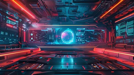 Deurstickers A vector illustration presenting a futuristic cyber HUD background, epitomizing the forefront of virtual design aesthetics © Orxan