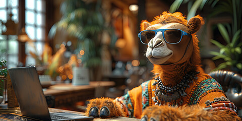 Stylish Camel in Sunglasses Working on Laptop at Cozy Cafe Banner - obrazy, fototapety, plakaty