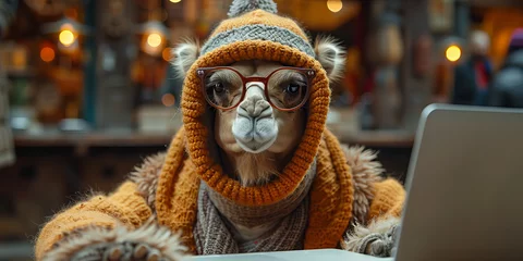 Fototapeten Cozy Alpaca Wearing Glasses and Knitwear Working on Laptop - Banner © Алинка Пад