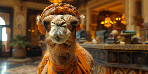 Regal Desert Camel Adorned in Traditional Attire Welcomes You - Banner - obrazy, fototapety, plakaty