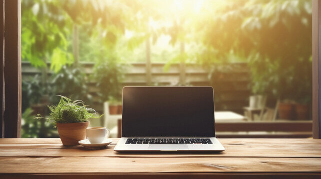 Laptop computer with coffee cup on wooden table and green nature background .