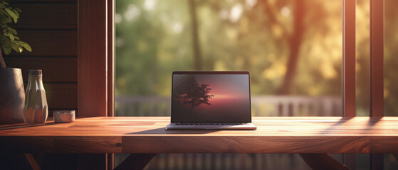 Laptop on the table in the garden at sunset .