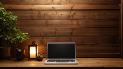 Laptop with blank screen on wooden table in front of wooden wall