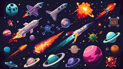 An 8bit pixel art game asset collection, featuring space planets, rockets, and starcraft, alongside a vector font and pixelated game buttons, offering 8 bit pixel game navigation buttons, power bars