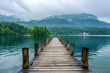 Wooden Dock Extending Into Lake Bled, Slovenia
