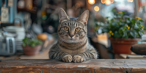 Whiskered Sentinel: A Majestic Tabby Cats Gaze in a Cozy Cafe Banner - obrazy, fototapety, plakaty