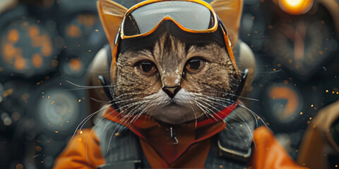 Adventurous Whiskered Aviator Cat Goggles Flight Suit Fiery Skies Banner - obrazy, fototapety, plakaty