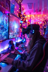 Professional Photography of a Gaming Streamer Immersed in an Intense Gaming Session, Generative AI