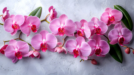 Pink orchid flowers on concrete background. Flat lay, top view.