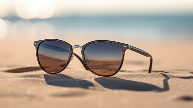 Sunglasses on the beach. Selective focus.