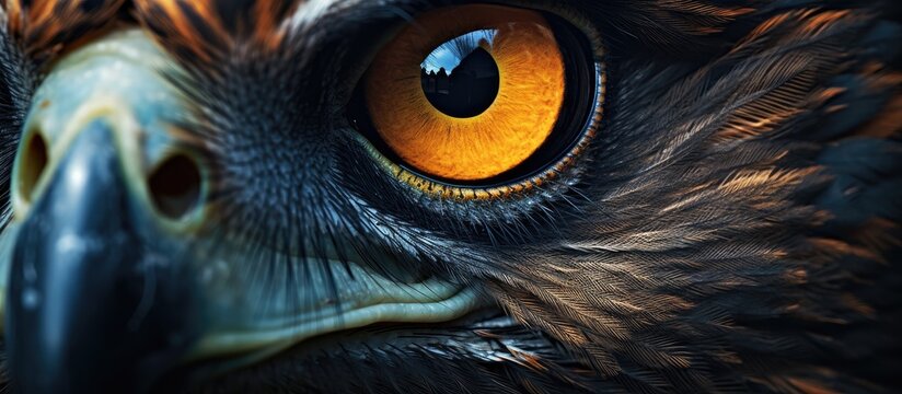 A detailed view of a male Northern Harriers face, showcasing its striking yellow eyes up close. The intense gaze of the eagle is captured in this macro shot, highlighting its powerful and focused