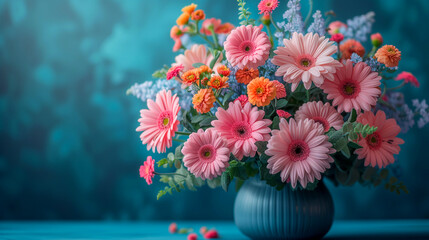 Bouquet of flowers in a vase on a blue background