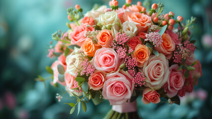 Bridal bouquet of pink and orange roses on green background