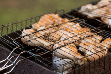 Barbecue at the cottage. May holidays. Barbecue in nature. The process of cooking meat on the grill, close-up. Shish kebab of a bird in a metal grill. Chicken wings and legs.