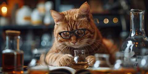Whiskered Scholar: The Curious Chemistry Connoisseur Cat Banner - obrazy, fototapety, plakaty