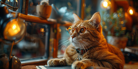 Intellectual Cat with Glasses Contemplates Life - Cozy Home Banner