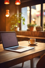 Coffee cup and laptop on wooden table in coffee shop .