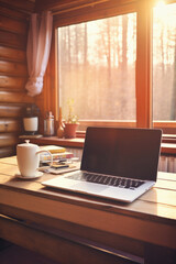 Fototapeta premium Laptop and coffee cup on wooden table in front of window .