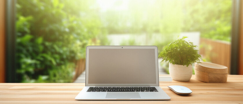 Laptop computer on wooden desk in modern office with natural green background