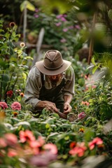 Professional Photography of a Gardening Enthusiast Tending to Their Lush Garden Oasis, Generative AI