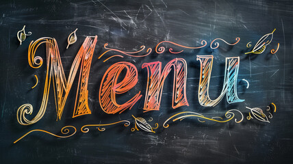 Word Menu written on blackboard with colorful letters. For use in various applications.