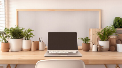 Modern workplace with laptop on wooden table. Mock up