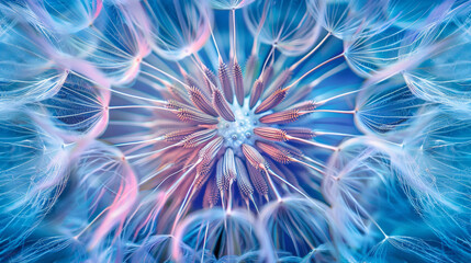 Macro closeup of dandelion seeds, abstract floral background. AI.