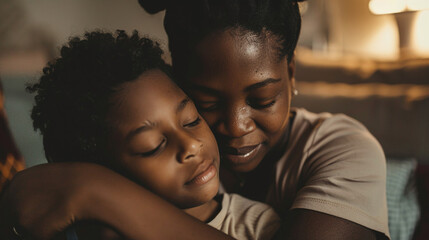 Close-up of an African-American mother and son hugging in the living room. AI. - obrazy, fototapety, plakaty