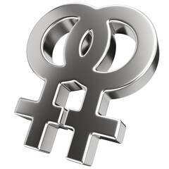 Interlocked female symbol 3d icon with chrome texture. Silver homosexual symbol isolated on transparent background.