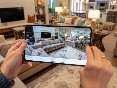 A person is holding a tablet and looking at a picture of a living room. The room is furnished with a couch, a chair, and a coffee table. There are also several lamps and a potted plant in the room