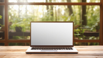 Laptop computer with blank screen on wooden table in coffee shop,