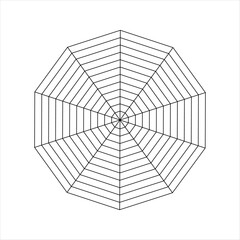 Obraz premium Decagon diagram divided on equal segments. Statistics or analytics graph, radar or spider chart, wheel of life or habits tracker template isolated on white background. Vector graphic illustration