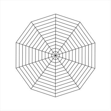 Decagon diagram divided on equal segments. Statistics or analytics graph, radar or spider chart, wheel of life or habits tracker template isolated on white background. Vector graphic illustration