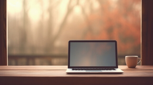 Laptop with blank screen and coffee cup on wooden table in front of the window .
