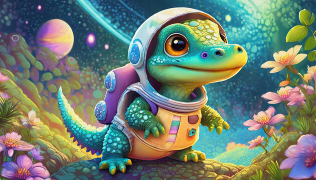 Oil painting style cartoon character baby alligator Astronaut in Space,