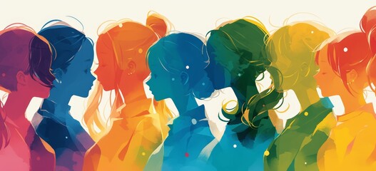 A watercolor illustration of multiple women's silhouettes in different colors, each representing one woman who has an eyecatching hair color and hairstyle. 