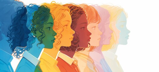 A watercolor illustration of silhouettes of women with different hair colors and skin tones,