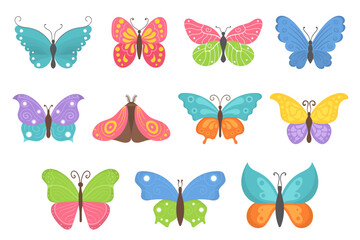 Cartoon butterflies set. Flying insects, delicate moths species with multicolored wings collection. Vintage detailed drawings. Colored vector illustrations isolated on white background