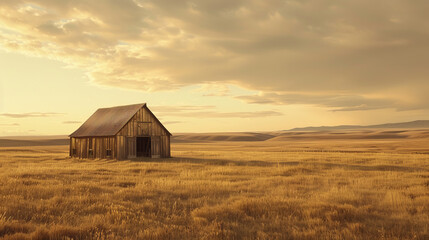 A lone wooden house stands in a large expanse of open fields under a clear sky during the golden...