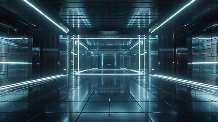 An empty dark room depicted in a modern futuristic Sci-Fi background through a 3D illustration, setting the stage for a high-tech environment