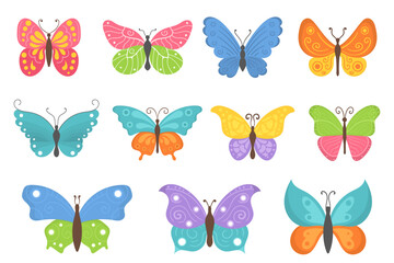 Cartoon butterflies set. Flying insects, delicate moths species with multicolored wings collection. Vintage detailed drawings. Colored vector illustrations isolated on white background